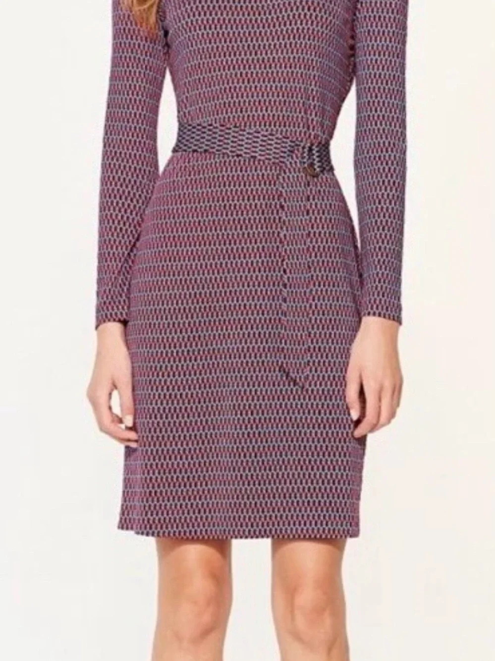 Tory Burch Sz S Long-Sleeve Red Navy Patterned Belted Sheath Dress NO Belt